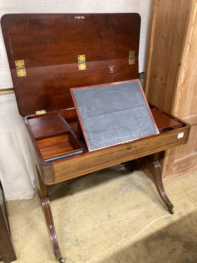 A Regency satin banded inlaid mahogany hinged top writing table, width 93cm depth 61cm height 75cm